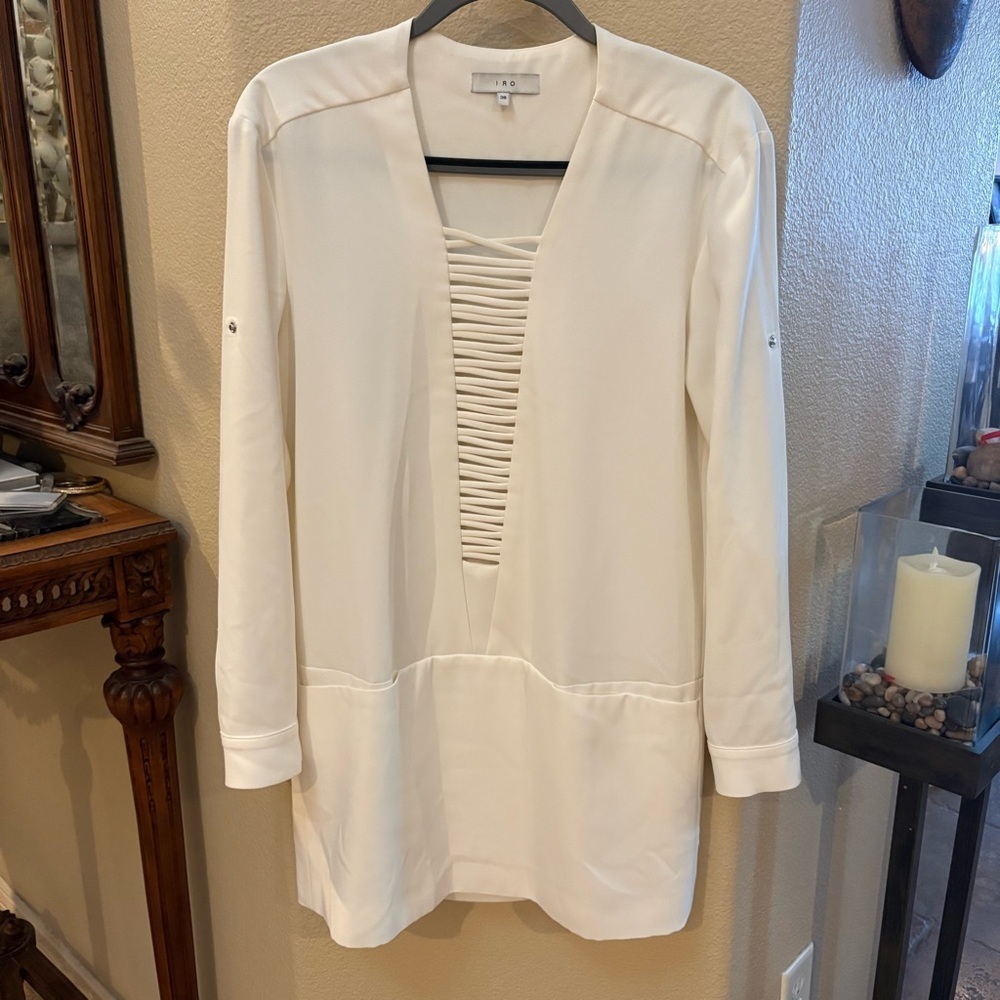 IRO Women White Odriane Front Cross Fold Up Cuffs Lined Mini Dress Size 38 - Picture 1 of 7